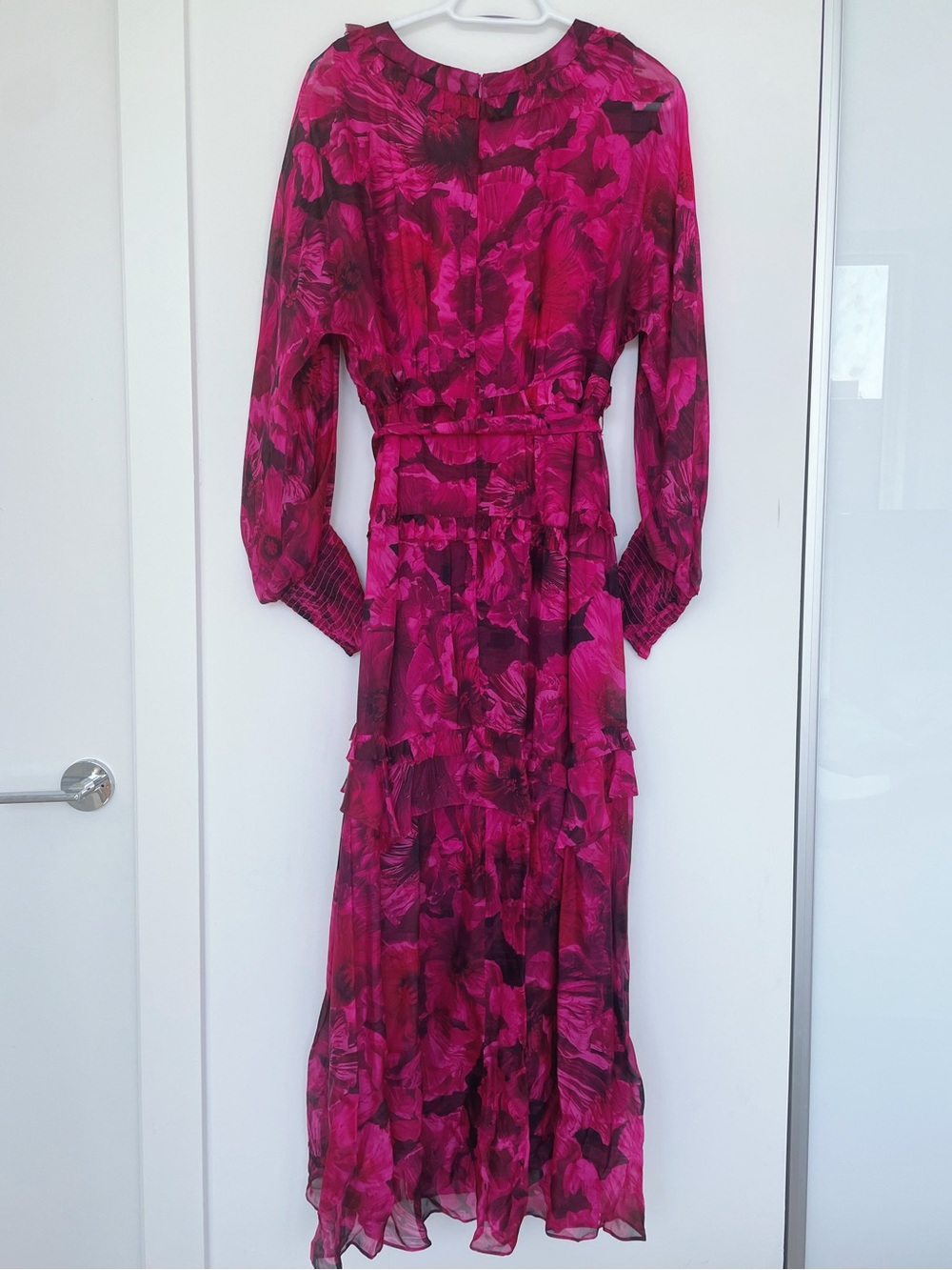 MARCHESA Rosa Leilani Floral Tiered Maxi Dress Long Sleeve V-Neck Fuchsia Size16 - Picture 4 of 15